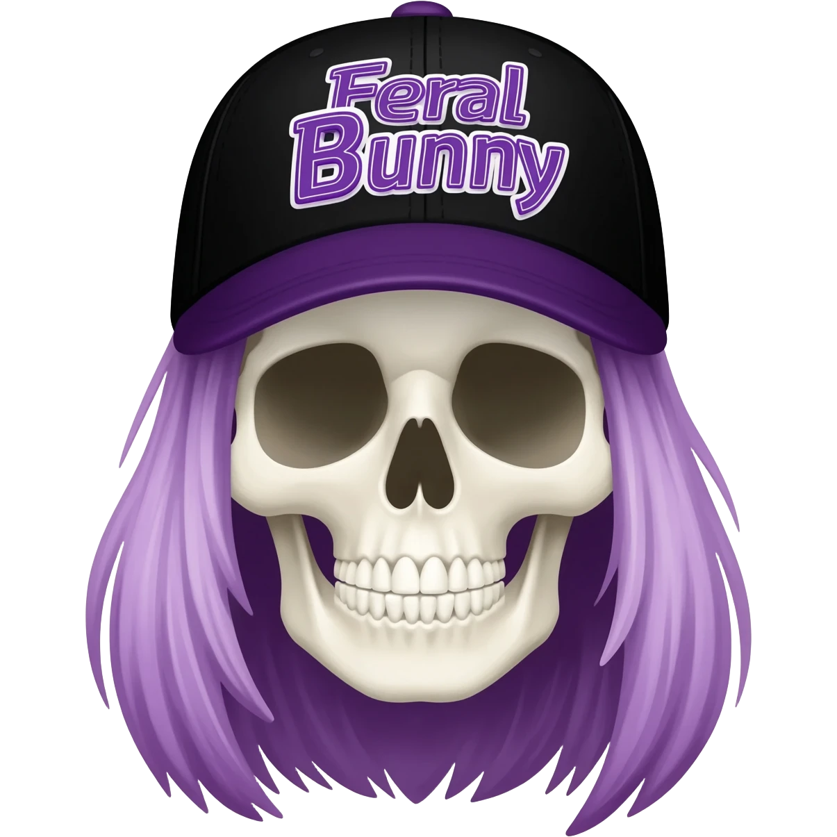 Create a skeleton head wearing a black baseball cap that says "Feral Bunny" in purple, and white lettering, with long purple blonde hair emoji