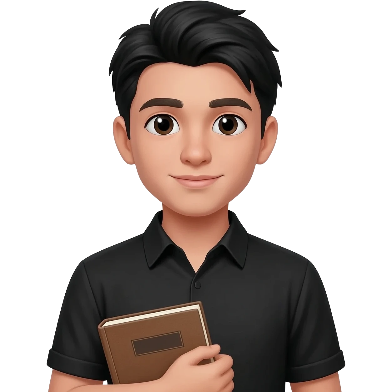 create emoji of boy with fair skin, middle parted hair black, little facial hair, wearing a black shirt and holding an accounts book emoji