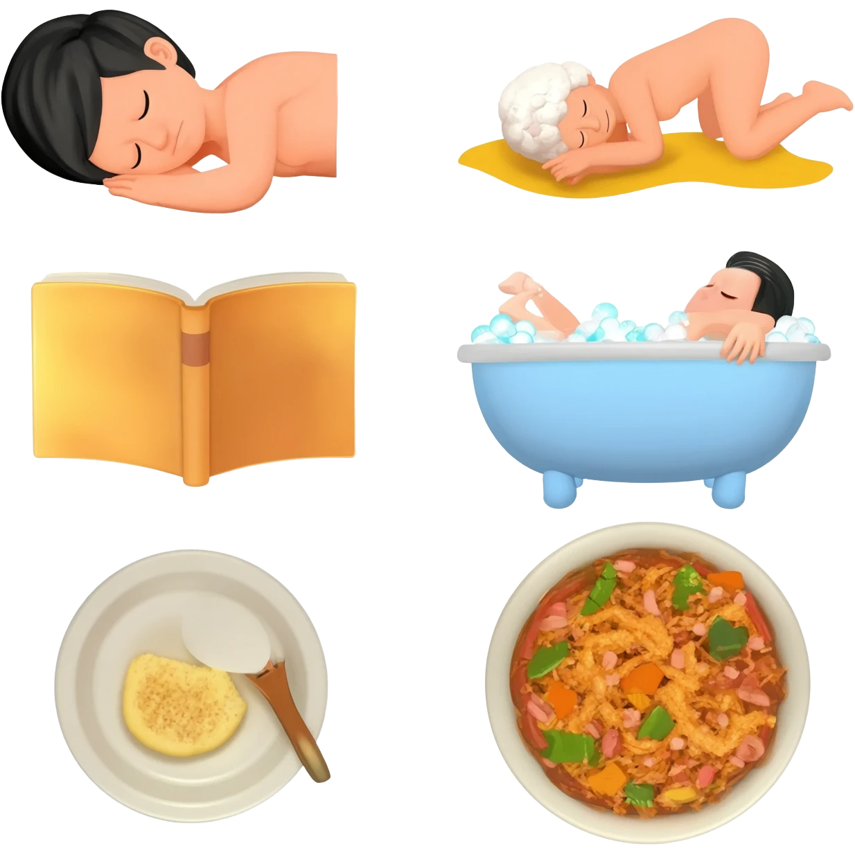 Sleeping, Playing, Reading, Bathing, Eating emoji