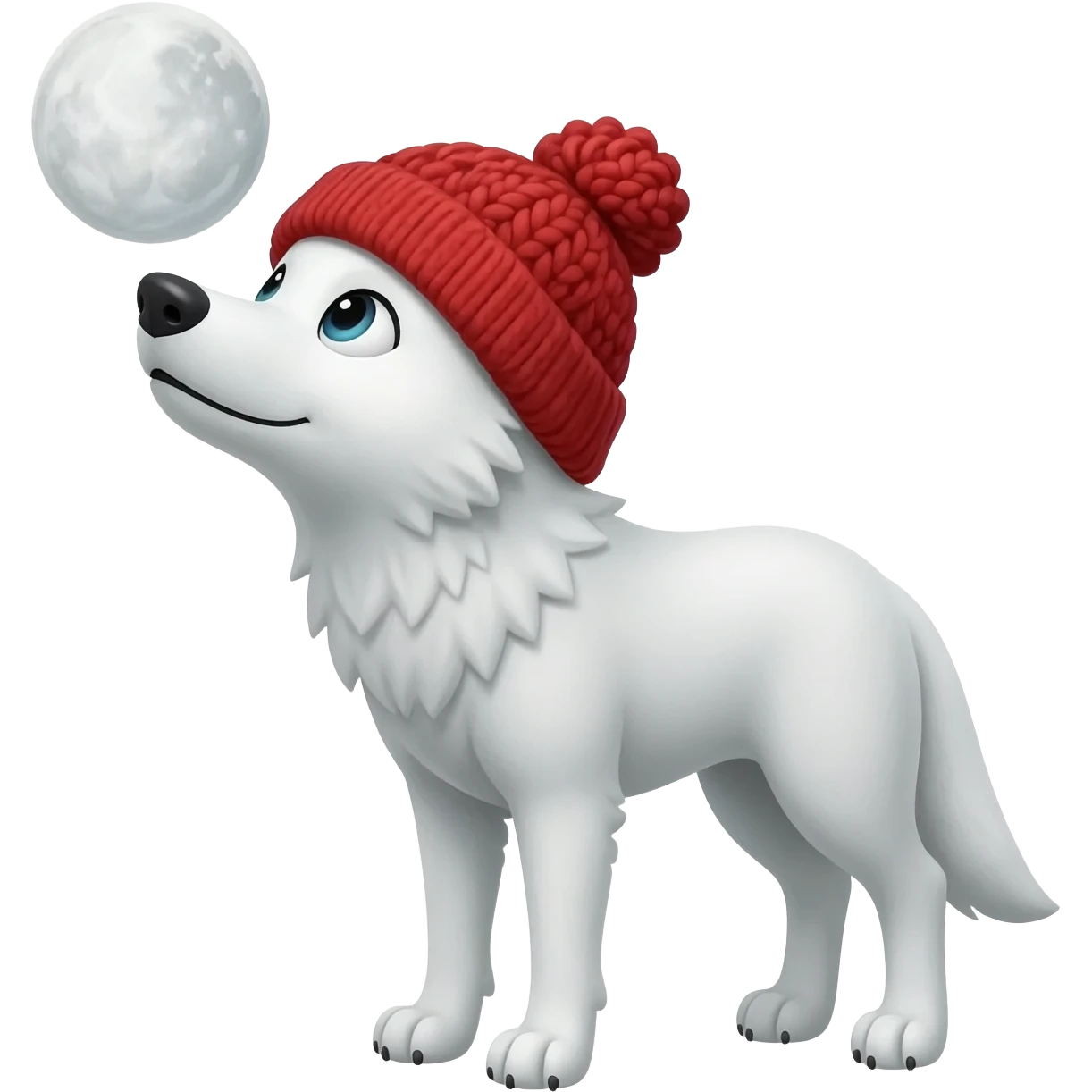 White wolf wif red knitted hat over head covering eyes looking at the moon emoji