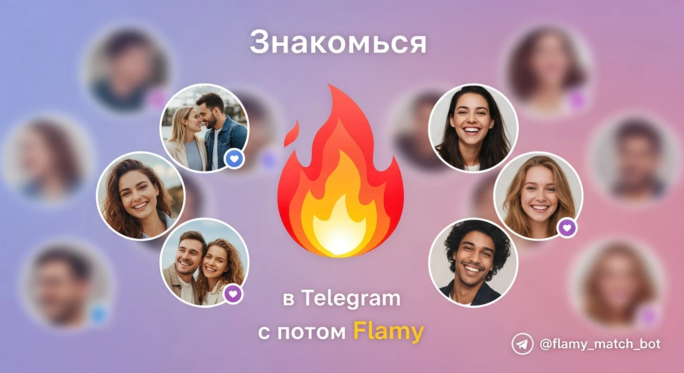 у меня в телеграм бот для знакомств - Flamy. Логотип бота - Emoji огонька. id бота в телегам - @flamy_match_bot. Мне нужно чтобы ты сгенерировал картинку для рекламного поста, чтобы рекламировать бота в других каналах. Добавь текст "Знакомься
в Telegram
с ботом Flamy" emoji