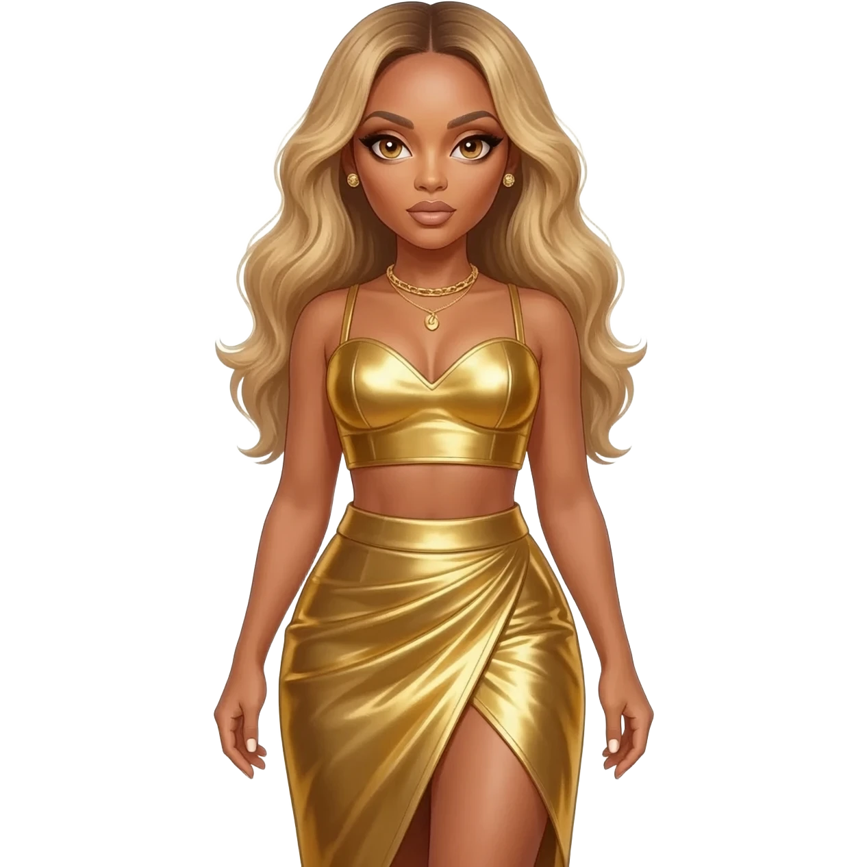 Beyonce with hazel eyes, long blonde hair, gold metallic sweetheart crop top, gold metallic asymmetrical skirt, gold necklace and short earrings emoji
