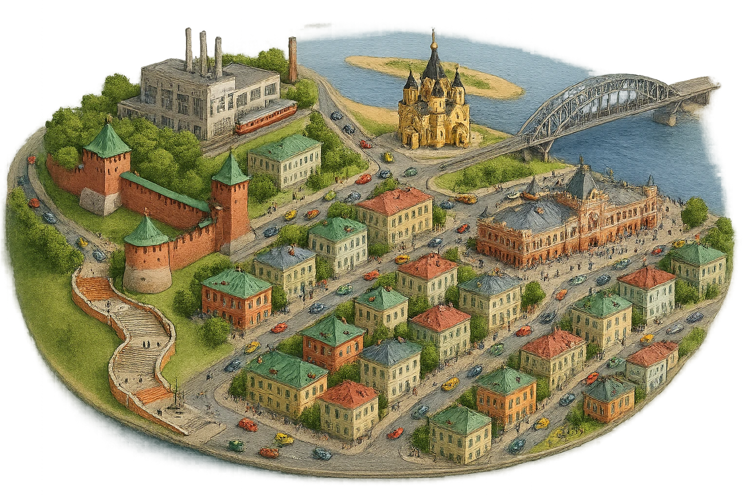 Изометричная миниатюрная фотореалистичная 3D модель панорамы Нижнего Новгорода - Нижегородский Кремль, Стрелка между Окой и Волгой, ГАЗ, Чкаловская лестница, Борский Мост через Волгу, Нижегородская ярмарка, нижегородские дома, автотранспорт четкие линии, яркие цвета, люди, компактная композиция, вид сверху в изометрии, прозрачный фон emoji