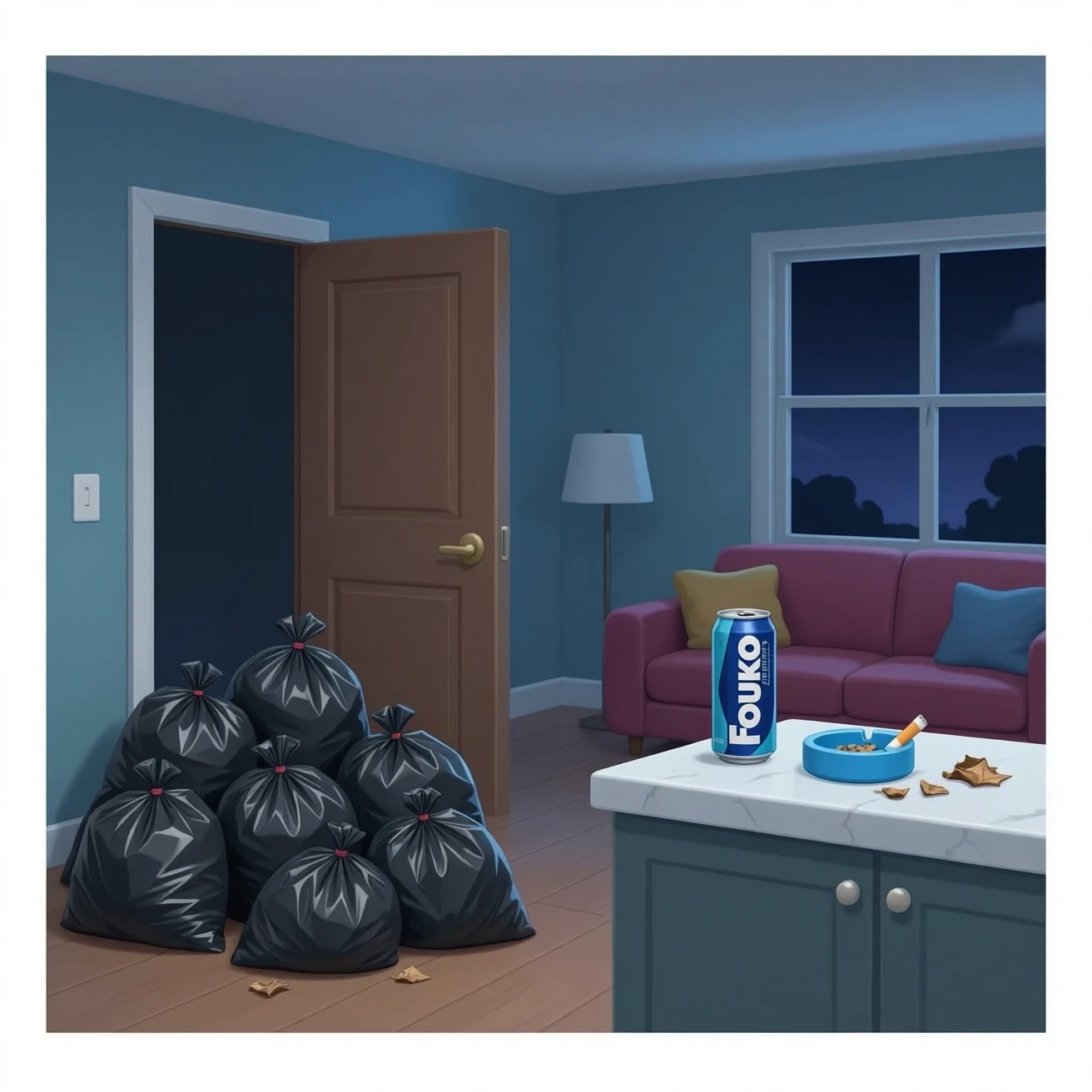 trash piled up everywhere: garbage bags near the front door, cans of Four Loko energy drinks and full ashtrays in the living room, dried-out contact lenses stuck to the kitchen counter. emoji
