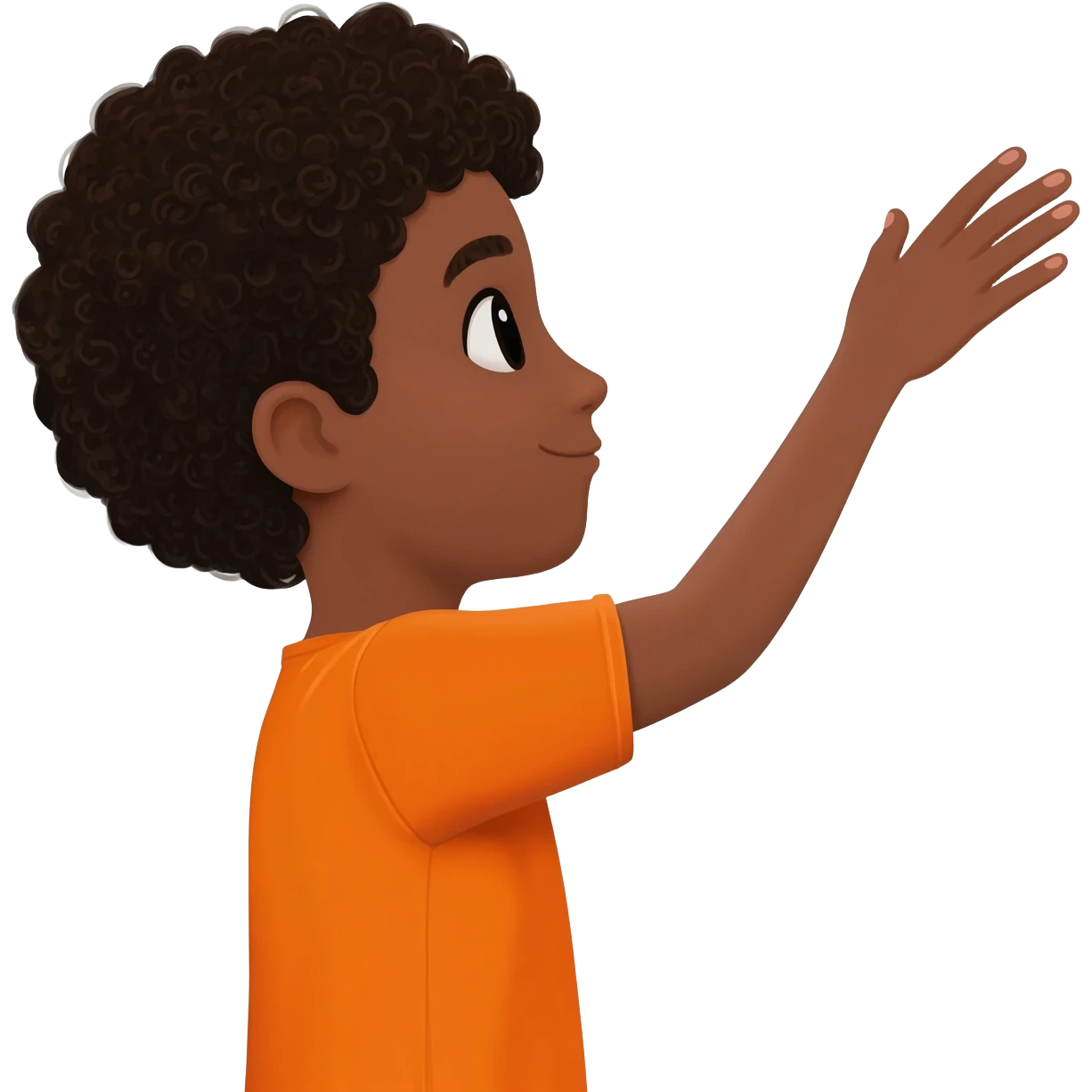 black boy curly hair orange shirt reaching for something emoji