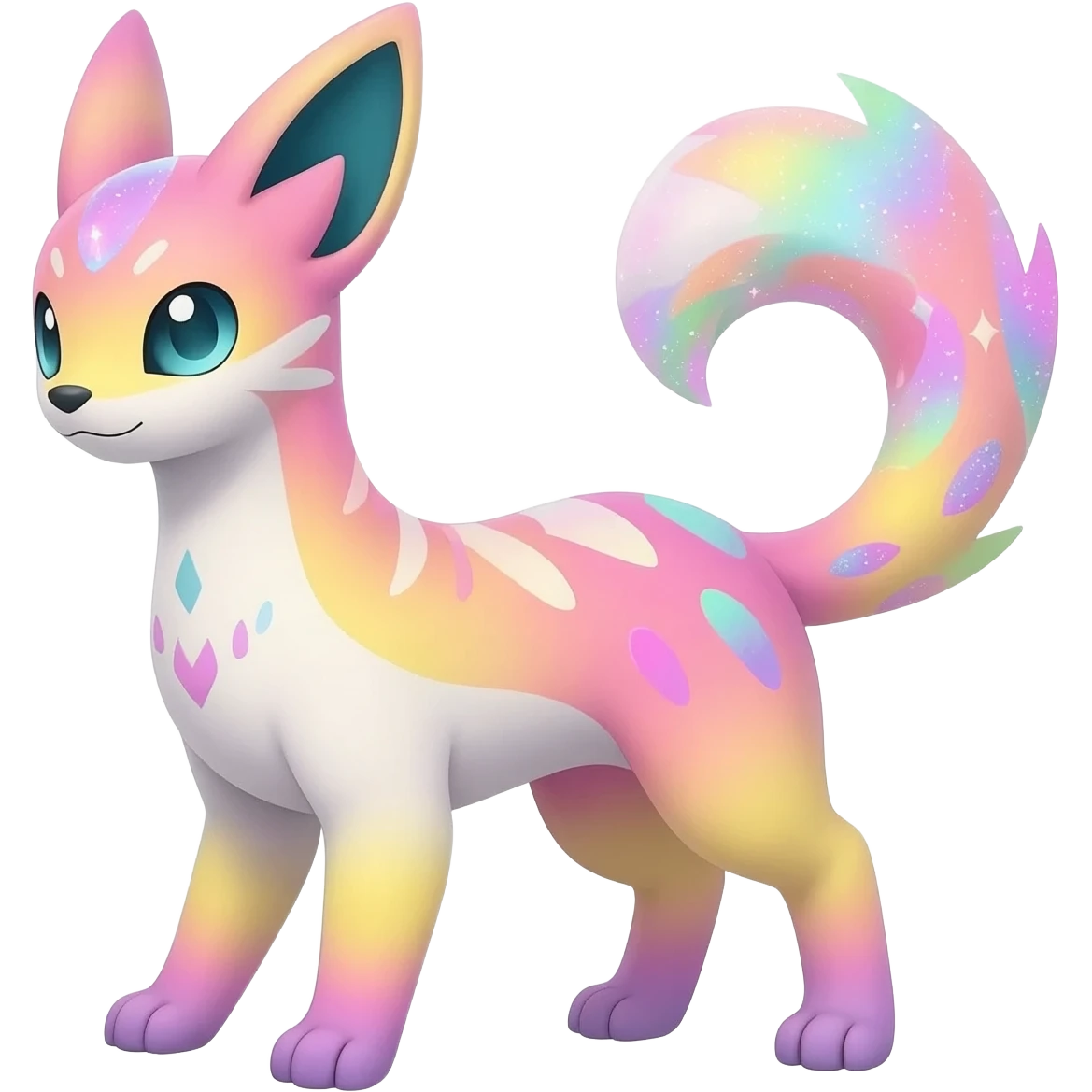 Rare realistic exotic pastel whitish pinkish yellowish gradients shiny sparkly divine celestial spiritual iridescent cute epic pretty beautiful handsome gorgeous aesthetic colorful vibrant Vernid-Trico-species-Fakemon-creature by LiLaiRa, 4 legs, 1 tail, random markings, (full body) emoji