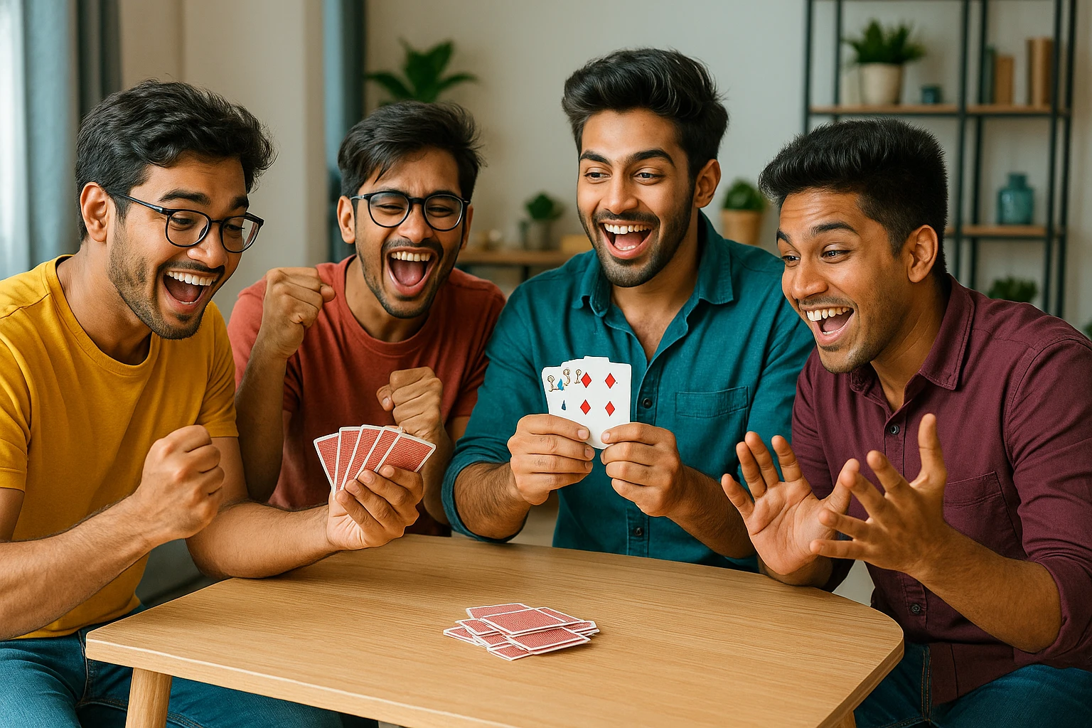four young Indian men, college students, gathered around a table playing tash, animated gestures, fun mood, contemporary style emoji