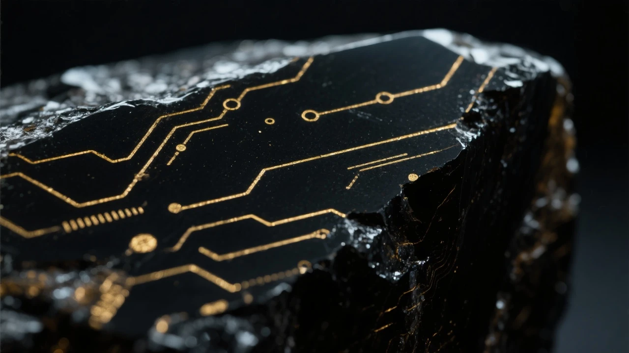 Extreme closeup of black obsidian surface with subtle gold technology etchings in moody, dark lighting. emoji