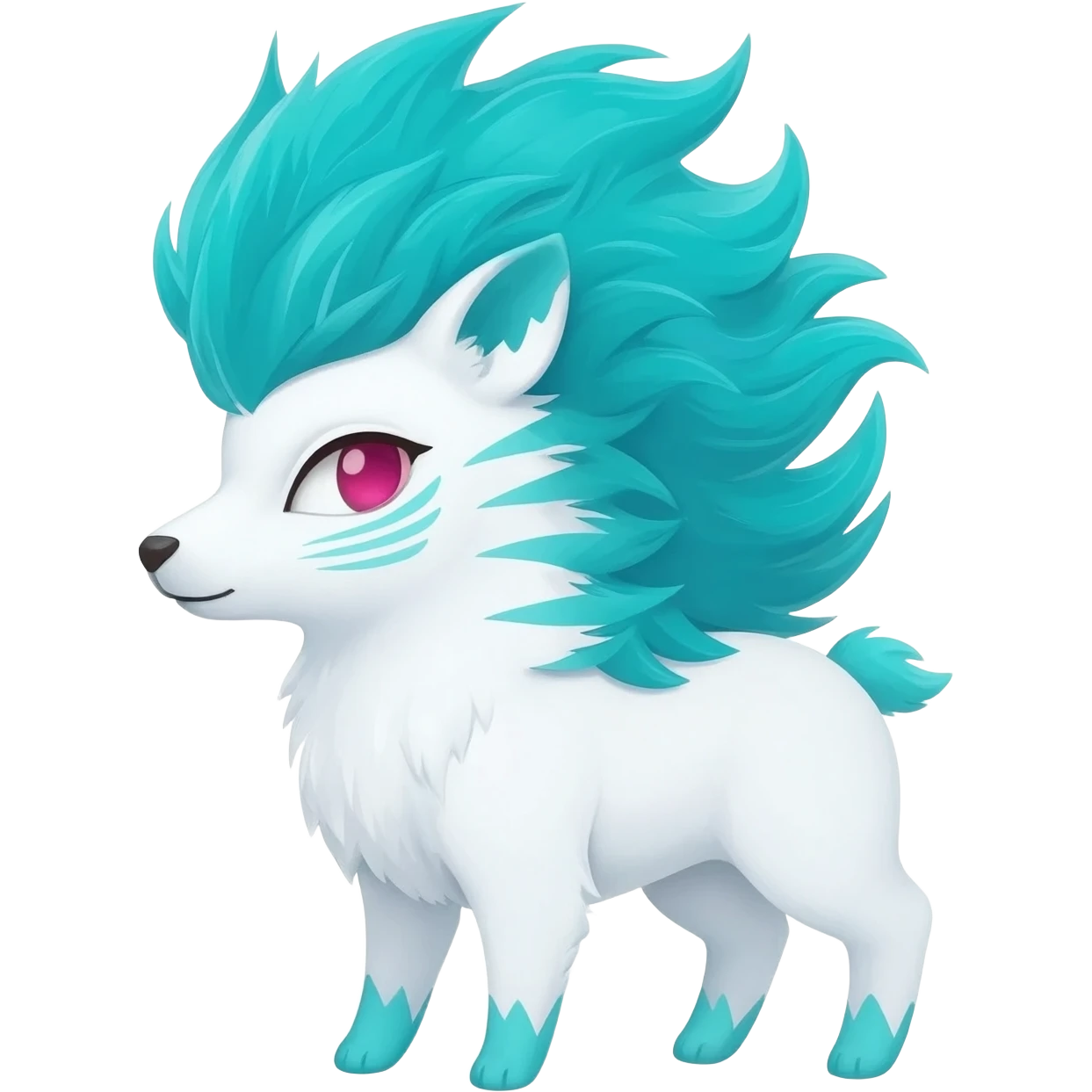 White badass elegant wild beautiful natural cute badass epic anthro modern albino sergal-vernid-creature with cyan mane and magenta eyes with cyan edgy stripes, full body, blue pretty hair, outside, modern, aesthetic, art by LiLaiRa, art by art by Falvie emoji