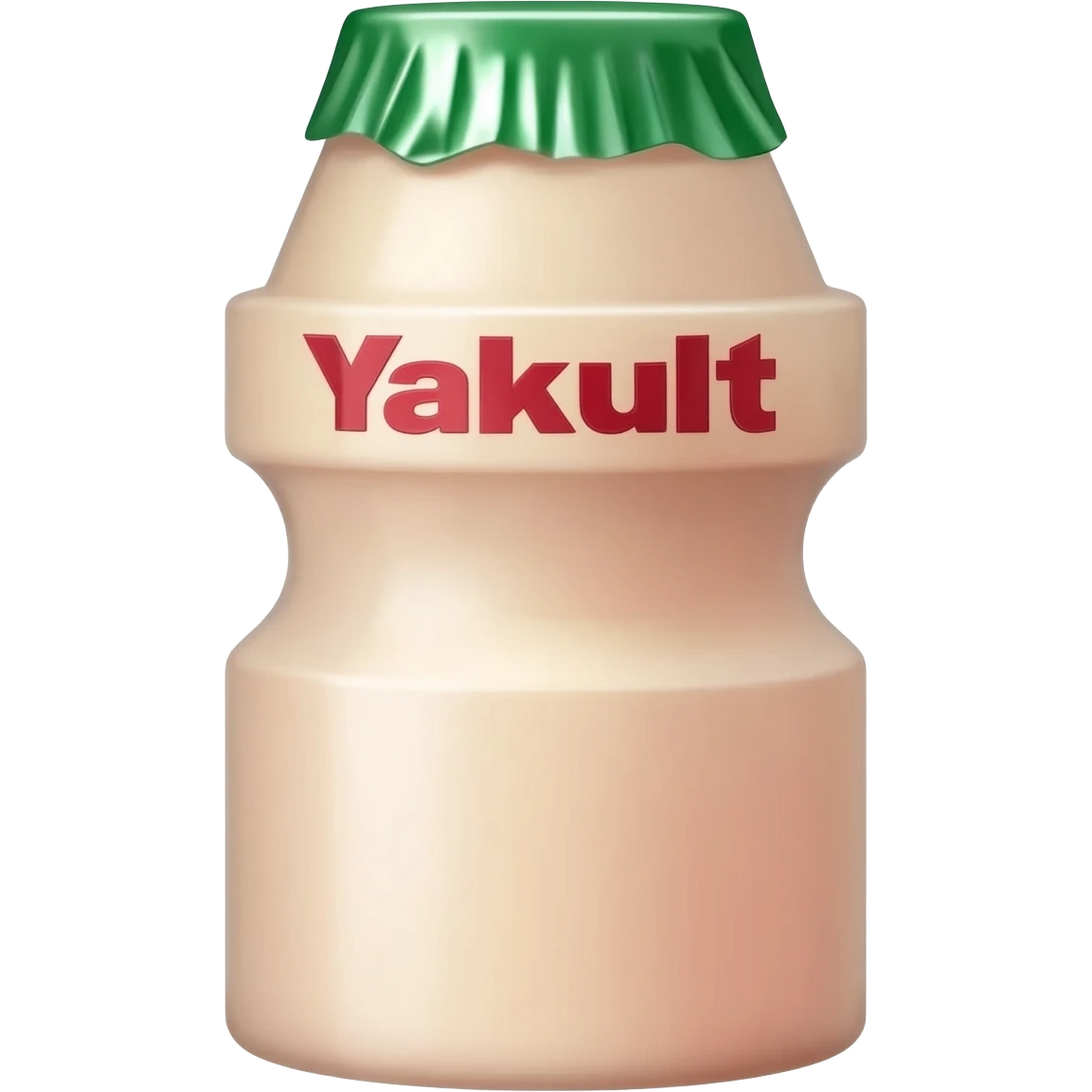 a tiny bottle that says yakult in red letters and a green cap on top. The liquid inside is beige with a pink tone emoji