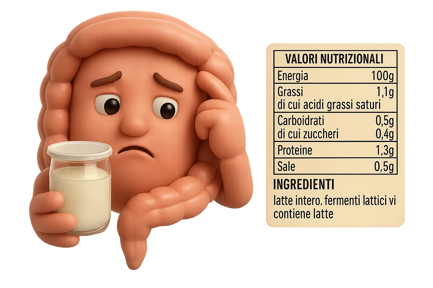 SU QUESTO STILE FAI UN EMOJI STILE IPHONE 3D DI UN INTESTINO CHE HA IN MANO UN BARATTOLO DI YOGURT CONFEZIONATO DA SUPERMERCATO E LEGGE L'ETICHETTA NUTRIZIONALE CON GLI INGREDIENTI IN ITALIANO, ACCANTO ALLO YOGURT CHE HA IN MANO C'è UN FOCUS SULL'ETICHETTA CON GLI INGREDIENTI SCRITTI, FAGLI UN ESPRESSIONE CONFUSA MENTRE LEGGE E FALLO MOLTO REALISTICO IN 3D emoji