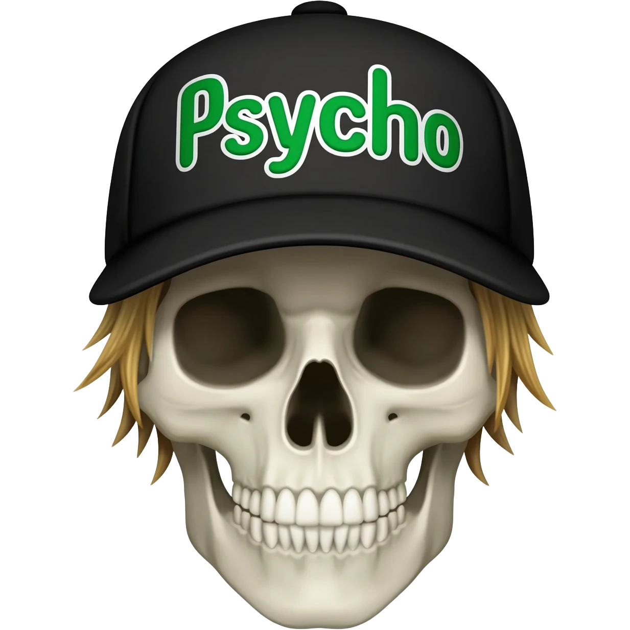 Create a skeleton head wearing a black baseball cap that says " Psycho " in Green, and white lettering, with dirty blonde hair emoji