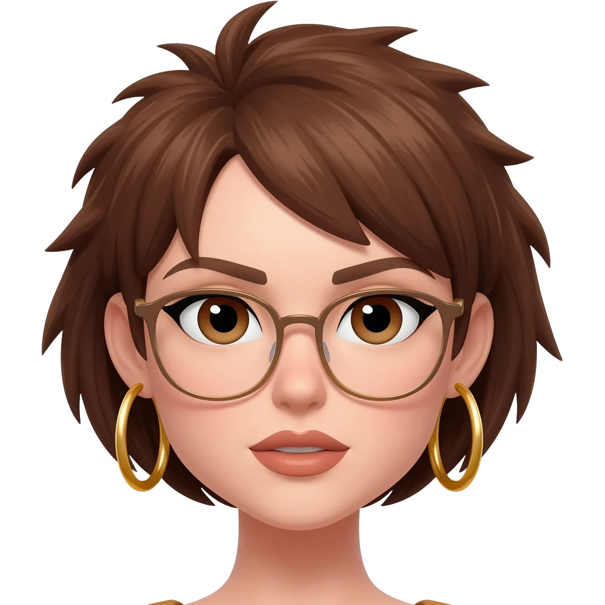 Female very very short brown hair few spikes gold hoop earringsbrown eyes hoop earrings hoop earrings glasses full lips emoji