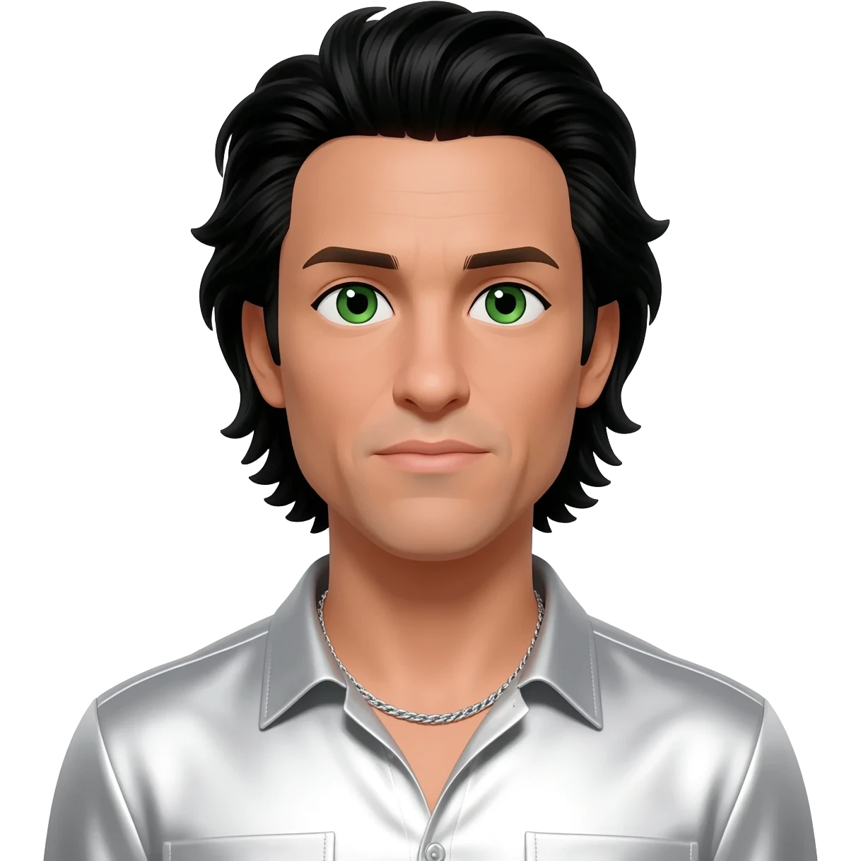 Kevin Richardson from Backstreet Boys with green eyes, black long hair, white metallic shirt, silver necklace emoji
