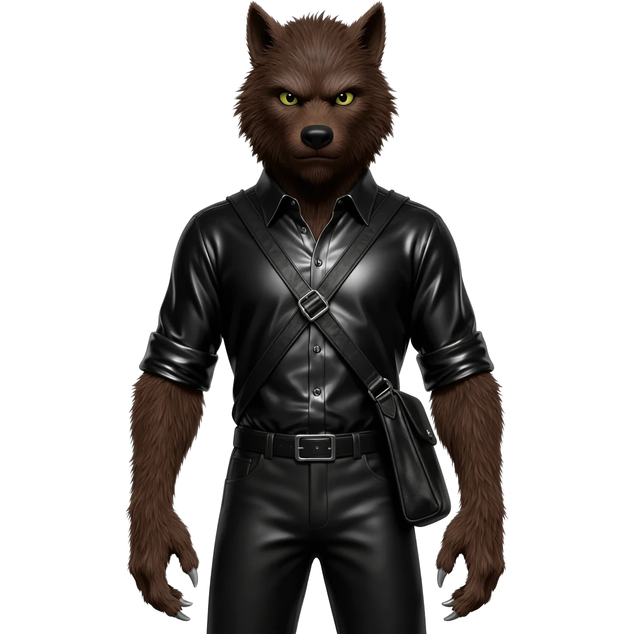 The Wolfman from Universal Monsters with  dark brown fur, black metallic shirt, black metallic baggy pants emoji