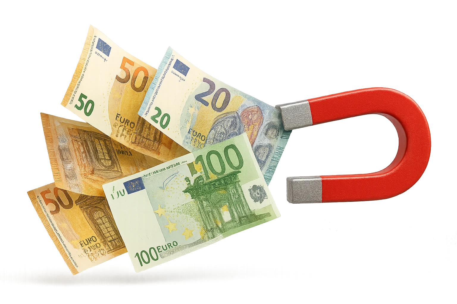 banconote di euro fluttuano vicino ad una calamita rossa, sono attratte, iperrealistico 4k emoji