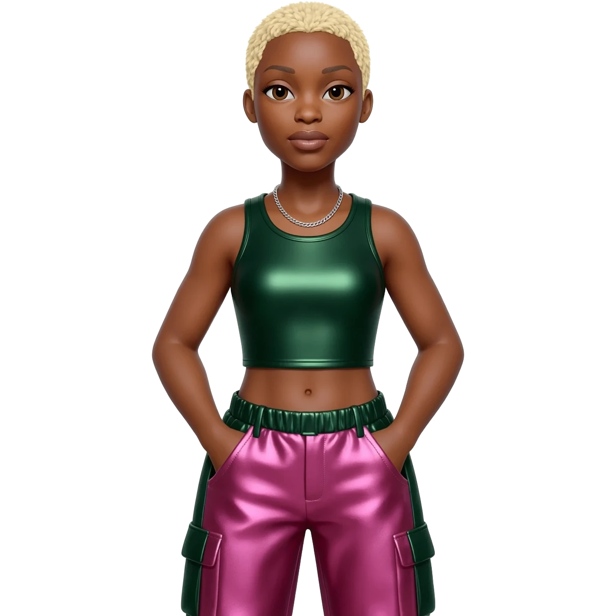 Cynthia Erivo with blonde short hair, dark green metallic crop top, dark green pink metallic baggy pants, silver necklace emoji