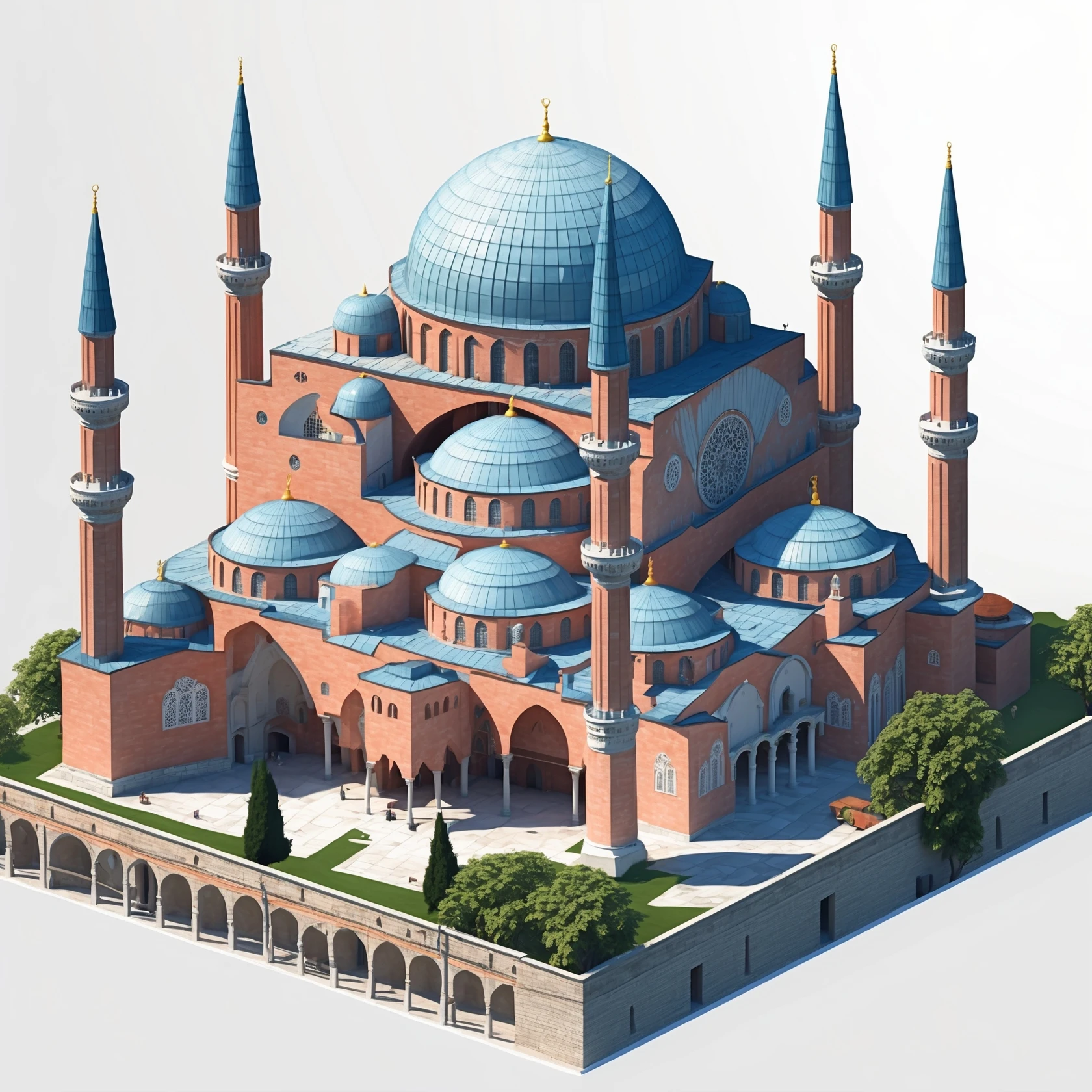 Isometric illustration of Istanbul, featuring real photorealistic Hagia Sophia with ts large central dome and four tall minarets, with real transparent background emoji