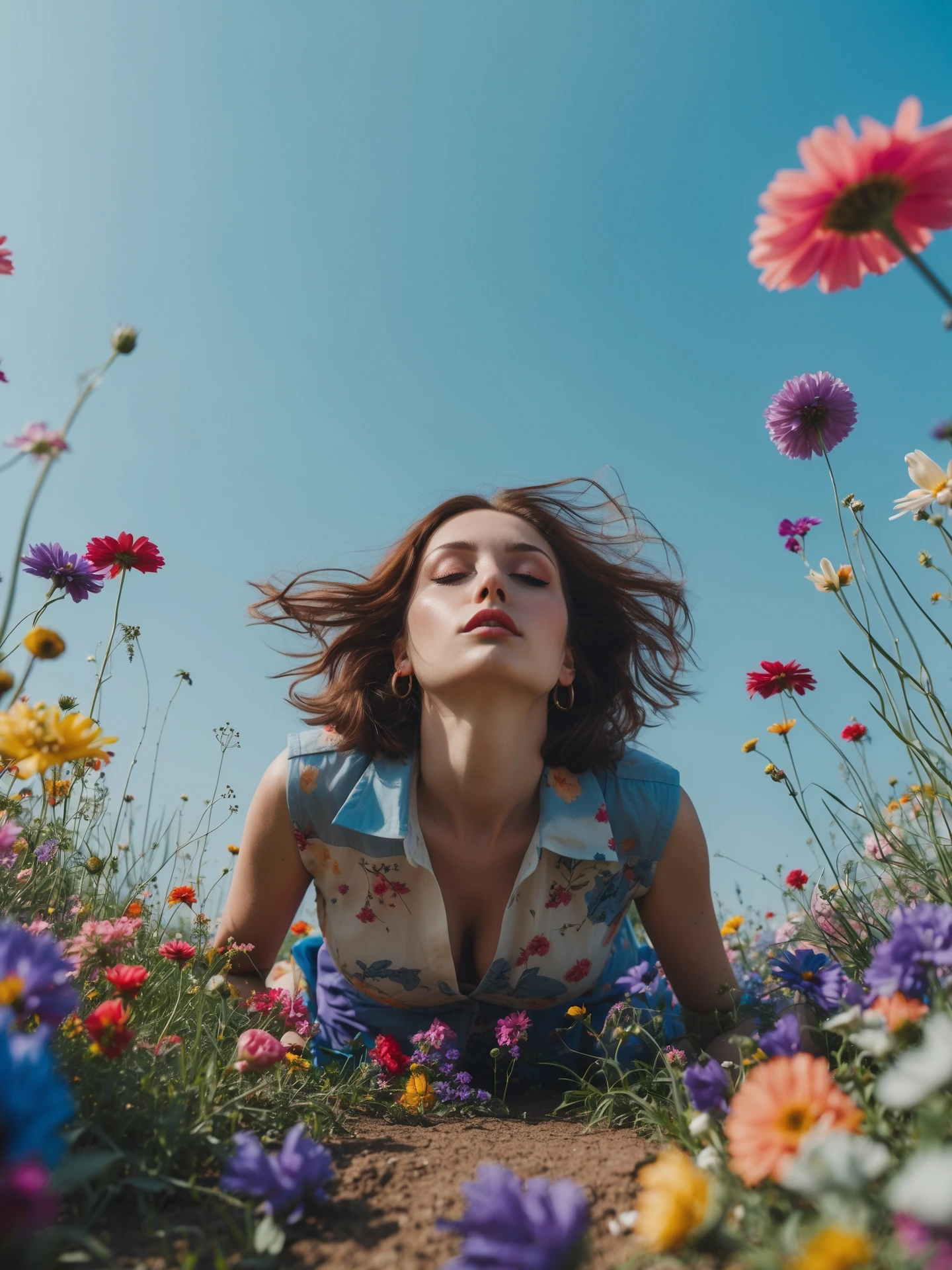 Closeup photo of a woman falling down (almost hit the ground) around colorfull flowers wearing alternative fashion, blue sky minimalistic background emoji