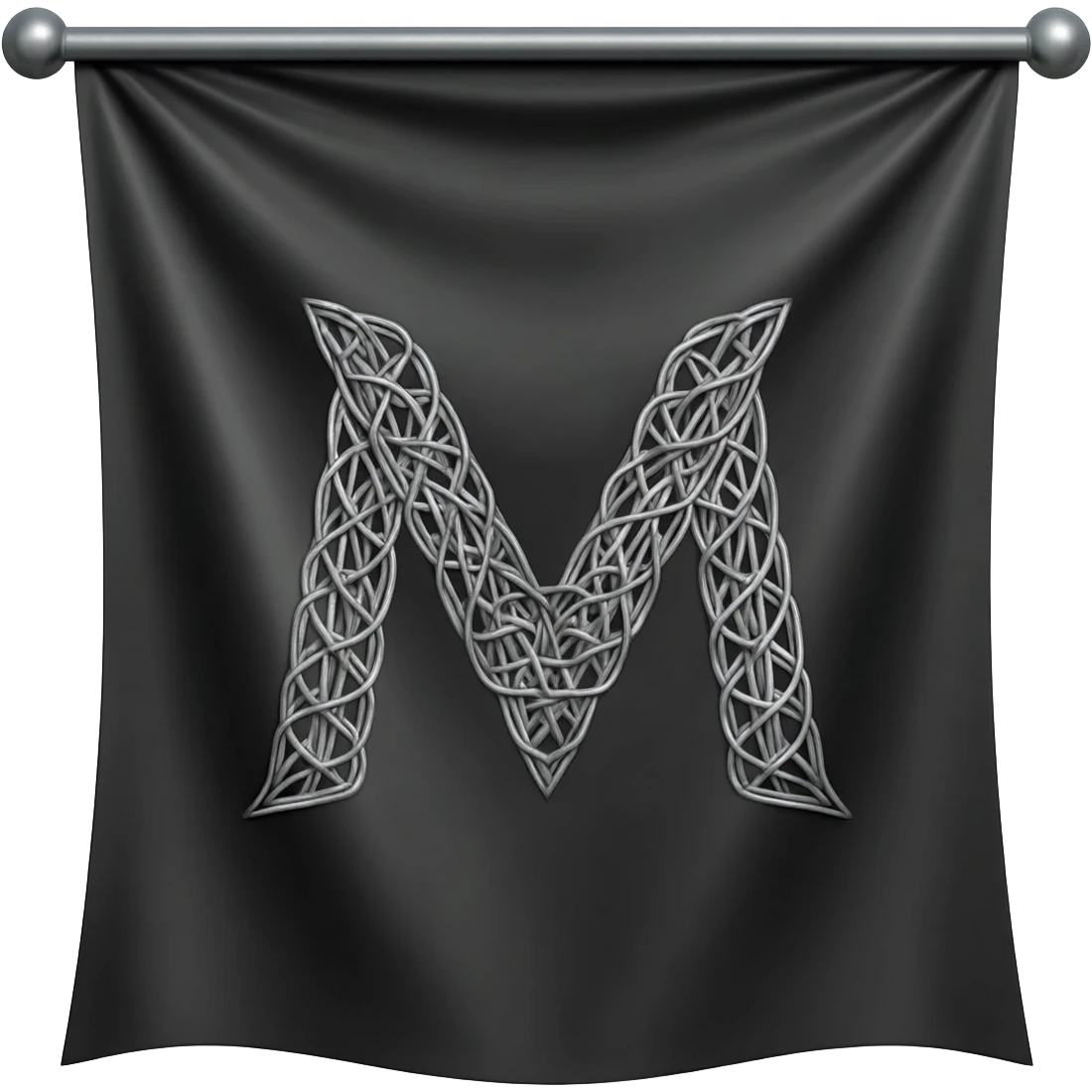 ...Minimalist 3D isometric render based on image_1.png: a large, sharp, geometric letter 'M' woven with matte steel-grey thread central on the draped black silk flag. Polished steel pole, pure white background for sticker quality --no background emoji
