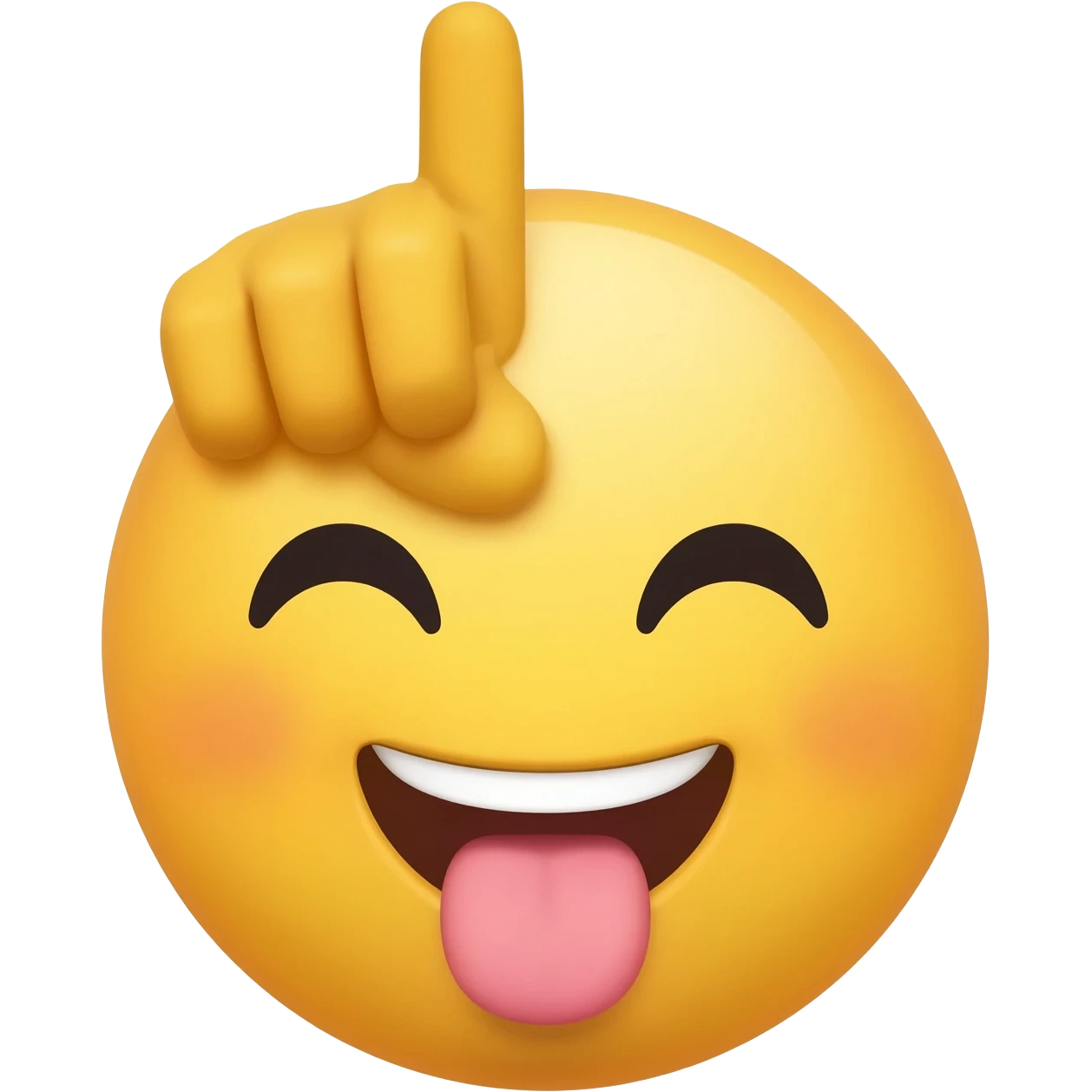 Make an emoji in the iPhone style as a smile, smiley face with a tongue out, holding his hand to his forehead in the shape of an L emoji