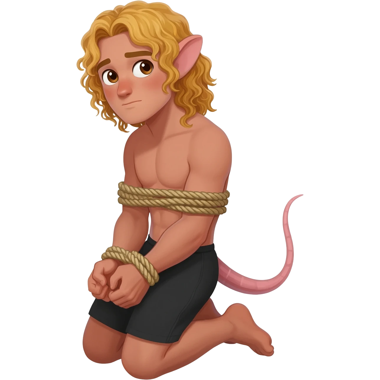man with brown eyes, curly long blond hair. he has rat tail and rat ears. he dressed in black shorts. he is on his knees. her arms are tied up with ropes emoji