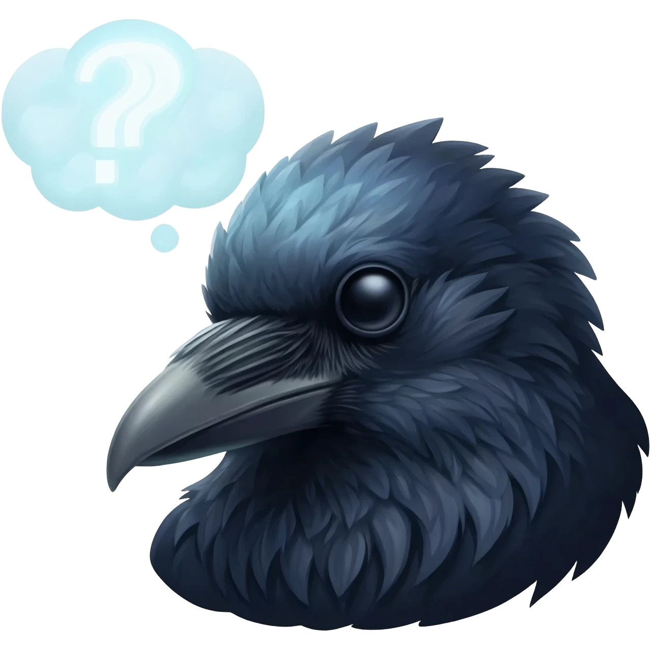 A close-up of the raven's head, beak resting thoughtfully on its wing "chin," with a detailed "thinking cloud" containing a subtle glowing question mark emoji
