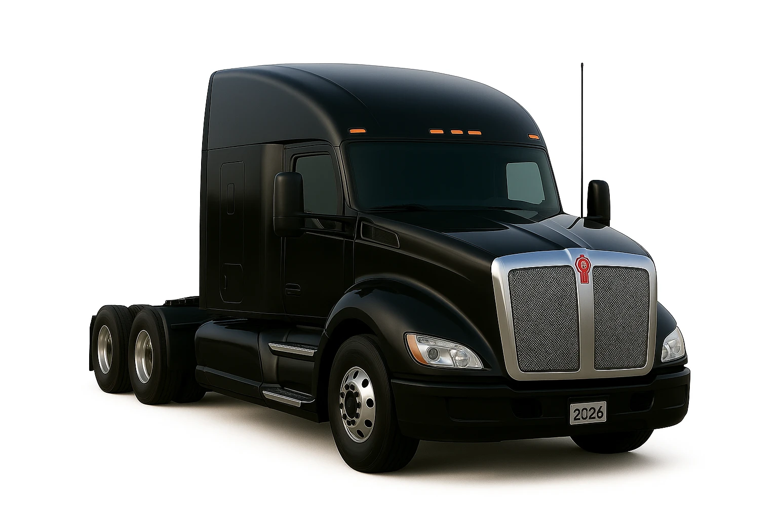 Make this 2026 Kenworth T680 Flat Top semi sleeper indistinguishable from a real photo—perfect proportions, lighting, chrome, and paint reflections, no air filters, flat top sleeper cab prominent, no background. emoji