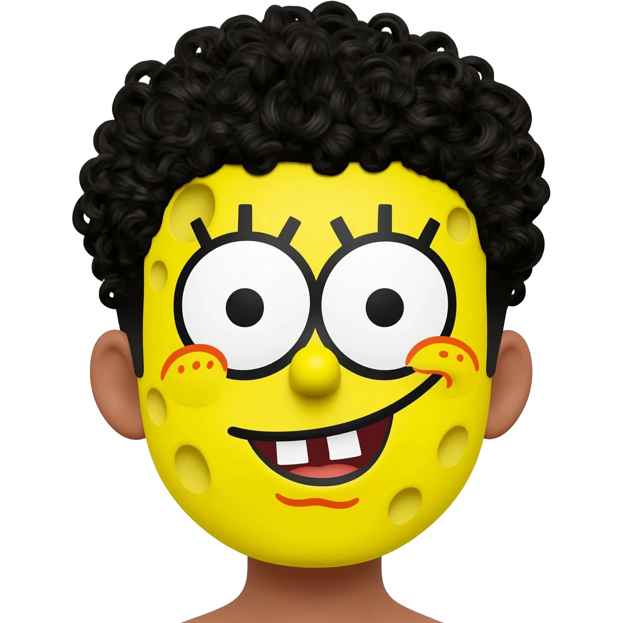 Make a brown boy with black curly hair have a SpongeBob face paint emoji