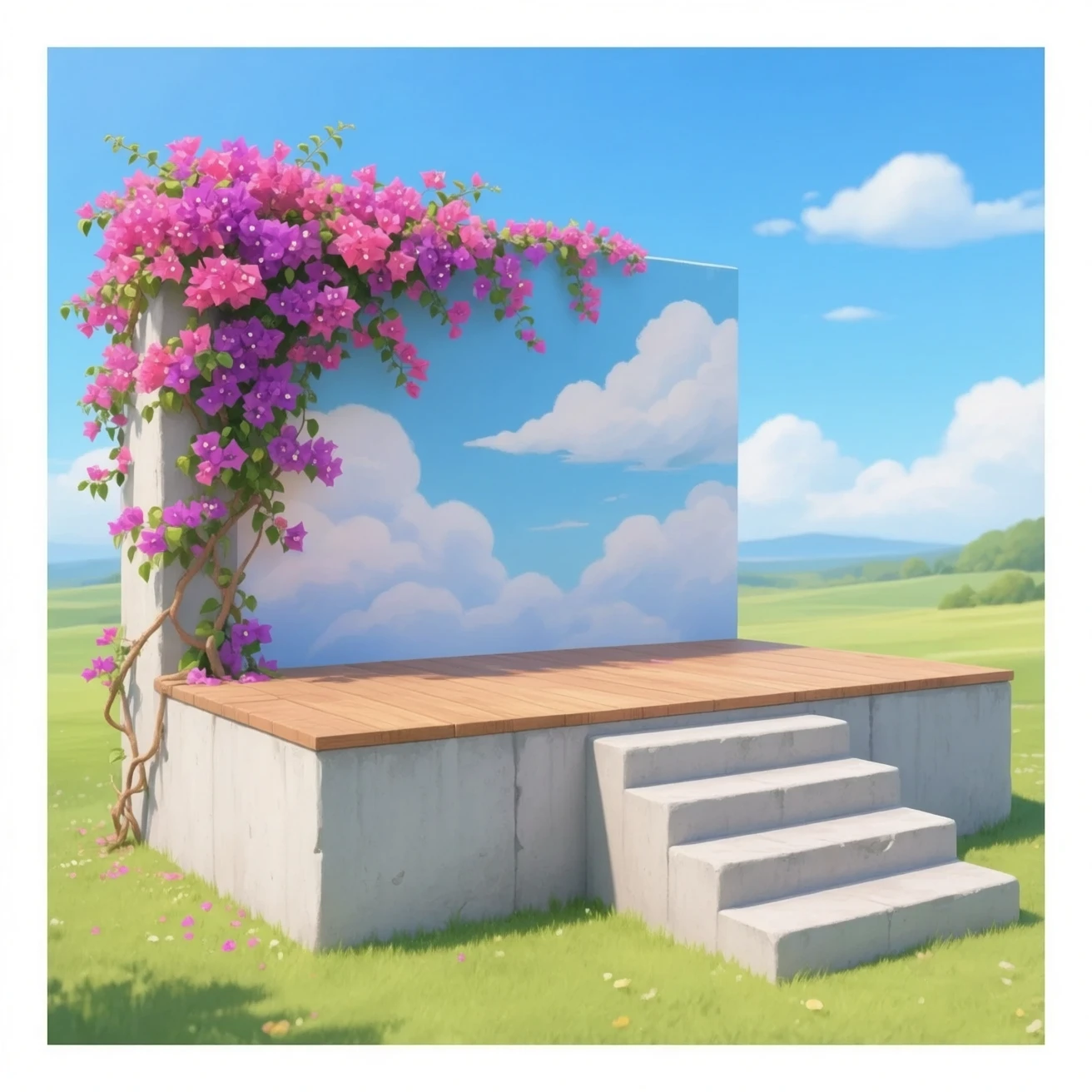 create an emoji of a big white bloc with bougainvilliers flowers at the front. There should be 4 stairs on the right side of the bloc going towards the center stage emoji