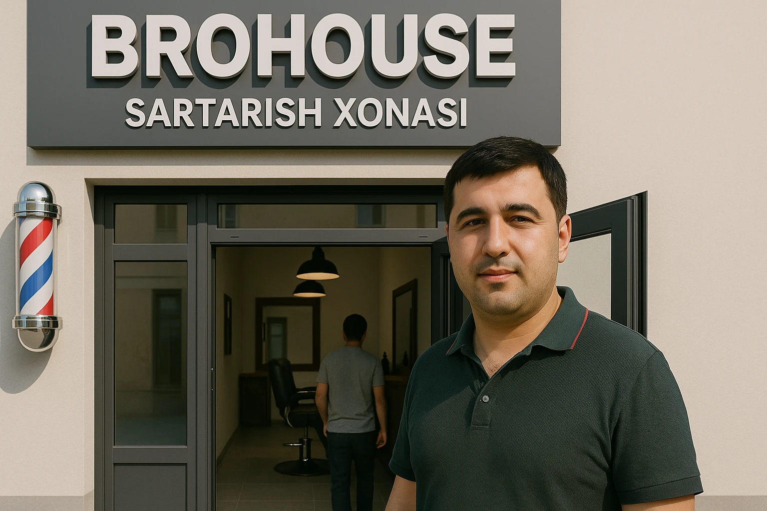 eni shu rasimga manashu odamga uxhshasin sartaosh eshik oldida tursin va tashqarida esa mijoz rasm esa 16 ga 9 bulsin 1920x1080 emoji