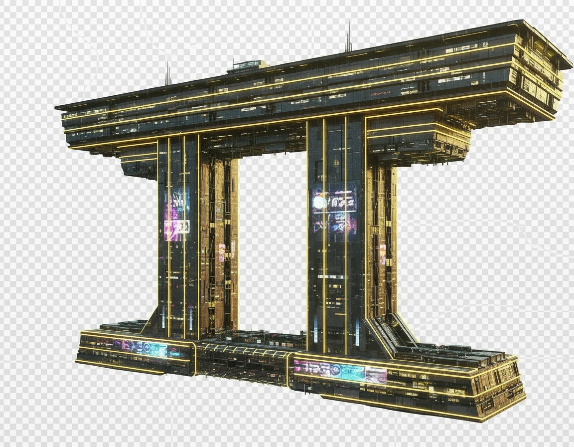 Убери все лишнее, оставь только само здание. Сделай в 2 раза больше ширину между 2 стойками, а нижнее основание убери. 

Фотореализм. Прозрачный фон emoji