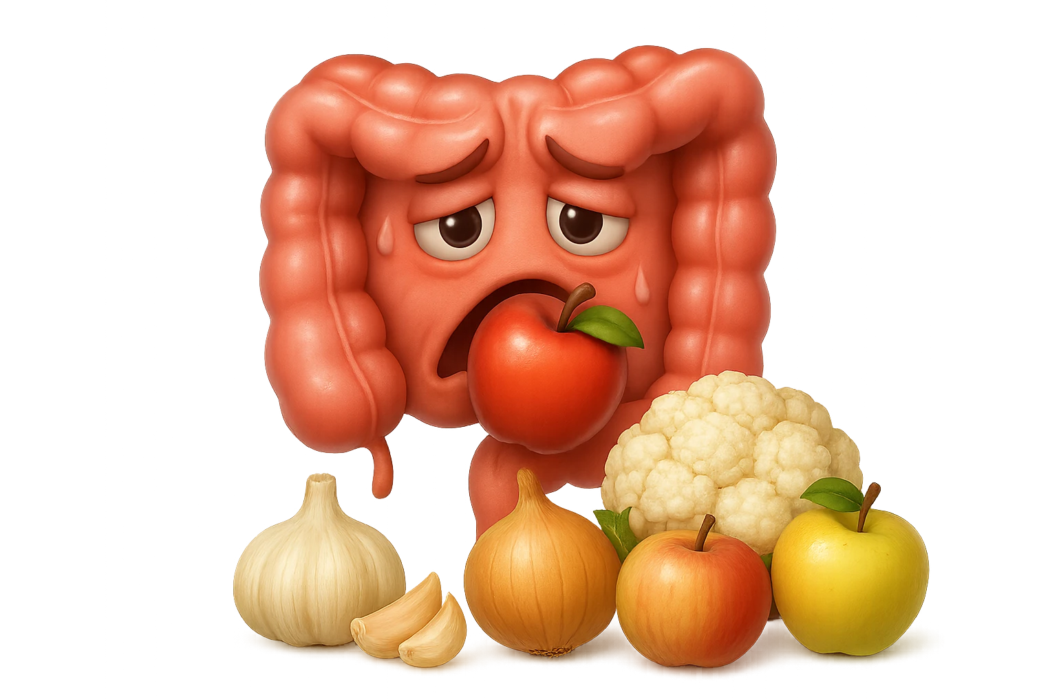 EMOJI STILE IPHONE DI UN INTESTINO UMANO IN CRISI PERCHé STA MALE, IN BOCCA HA UNA MELA E DAVANTI A LUI C'è UNA MONTAGNA DI aglio, cipolle, cavolfiore e mele, IPERREALISTICO 4K emoji