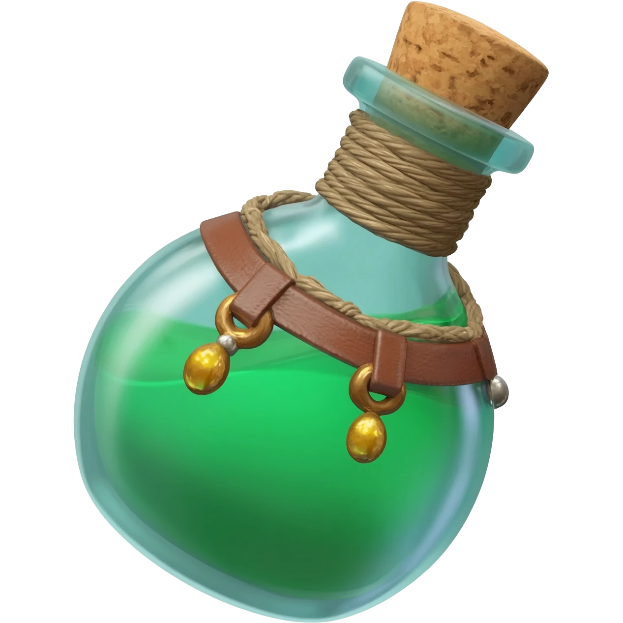 an EMPTY round potion bottle a little rotated to the left with a cork and decorations on the bottle like ropes and belts and random stuff emoji