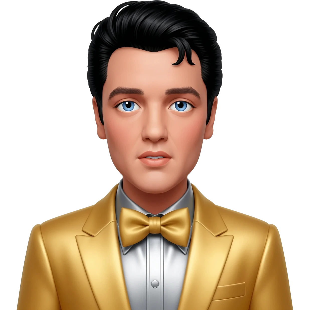 Elvis Presley with blue eyes, black hair, silver metallic shirt, gold suit jacket and bow tie emoji