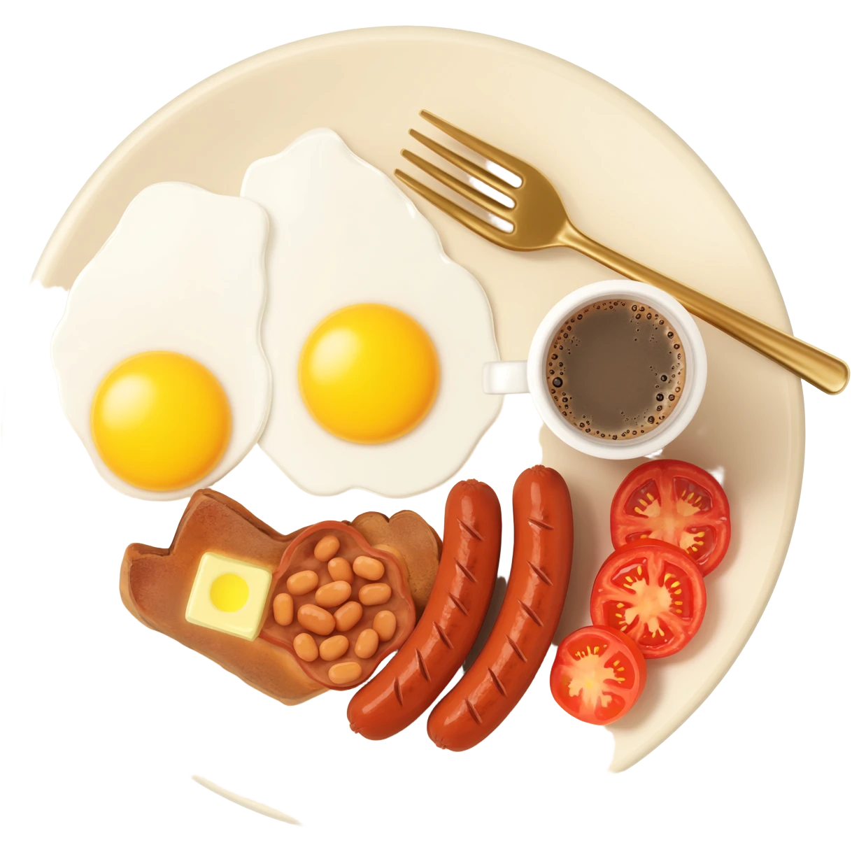 full English breakfast with two eggs, bacon, sausage, beans, toast, and tomato оn a beautiful light beige plate with a gold fork and cup of coffee side view emoji