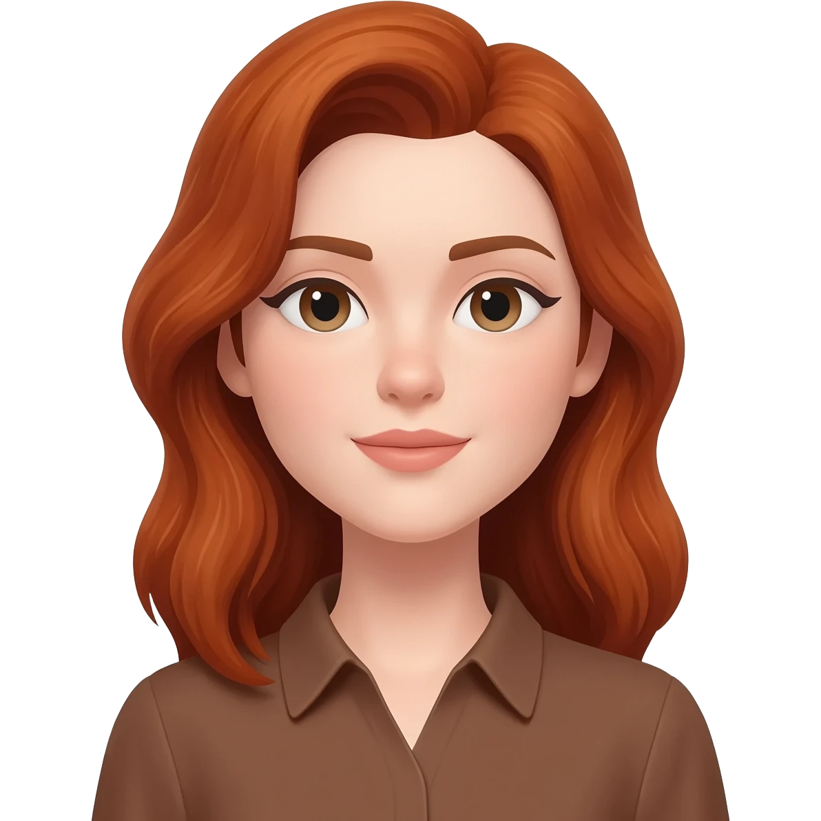 woman with half up half down auburn hair and pale lavender skin. She is wearing brown shirt emoji