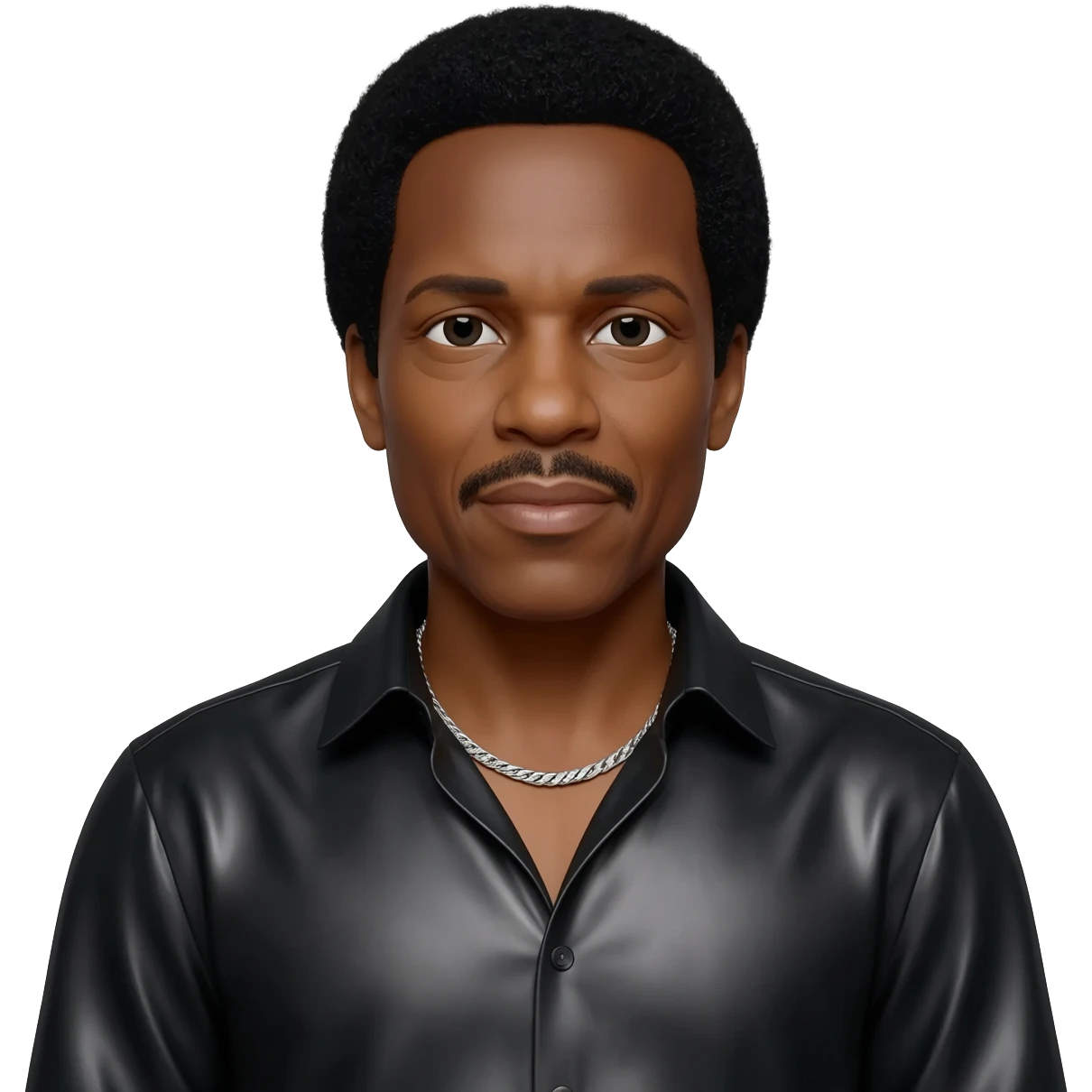 Ike Turner with black hair, black metallic shirt, silver necklace emoji