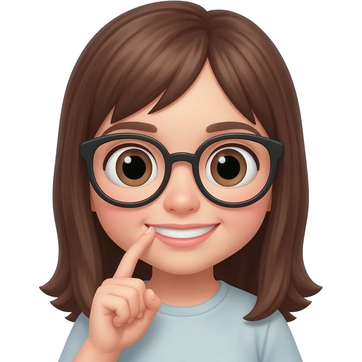 Crée moi l’emoji d’une fille brune au gros yeux et des lunettes qui met son index dans sa bouche avec ses dent emoji