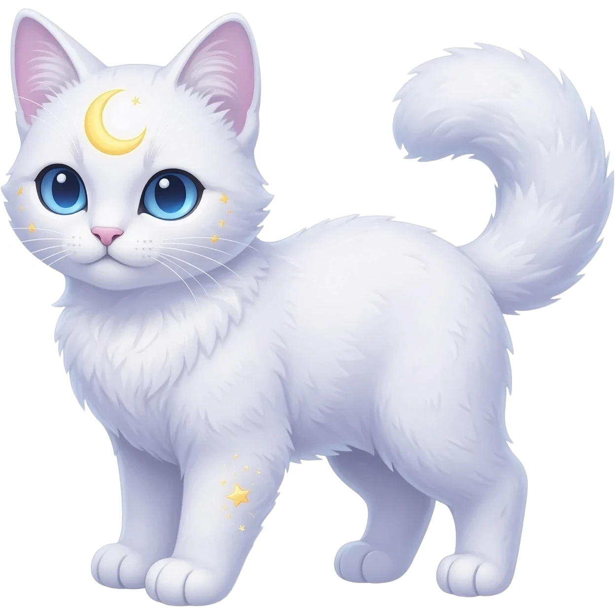 White fuzzy pastel Magical Celestial Lunar-powered Fantasy Feline with lunar markings with blue eyes  emoji
