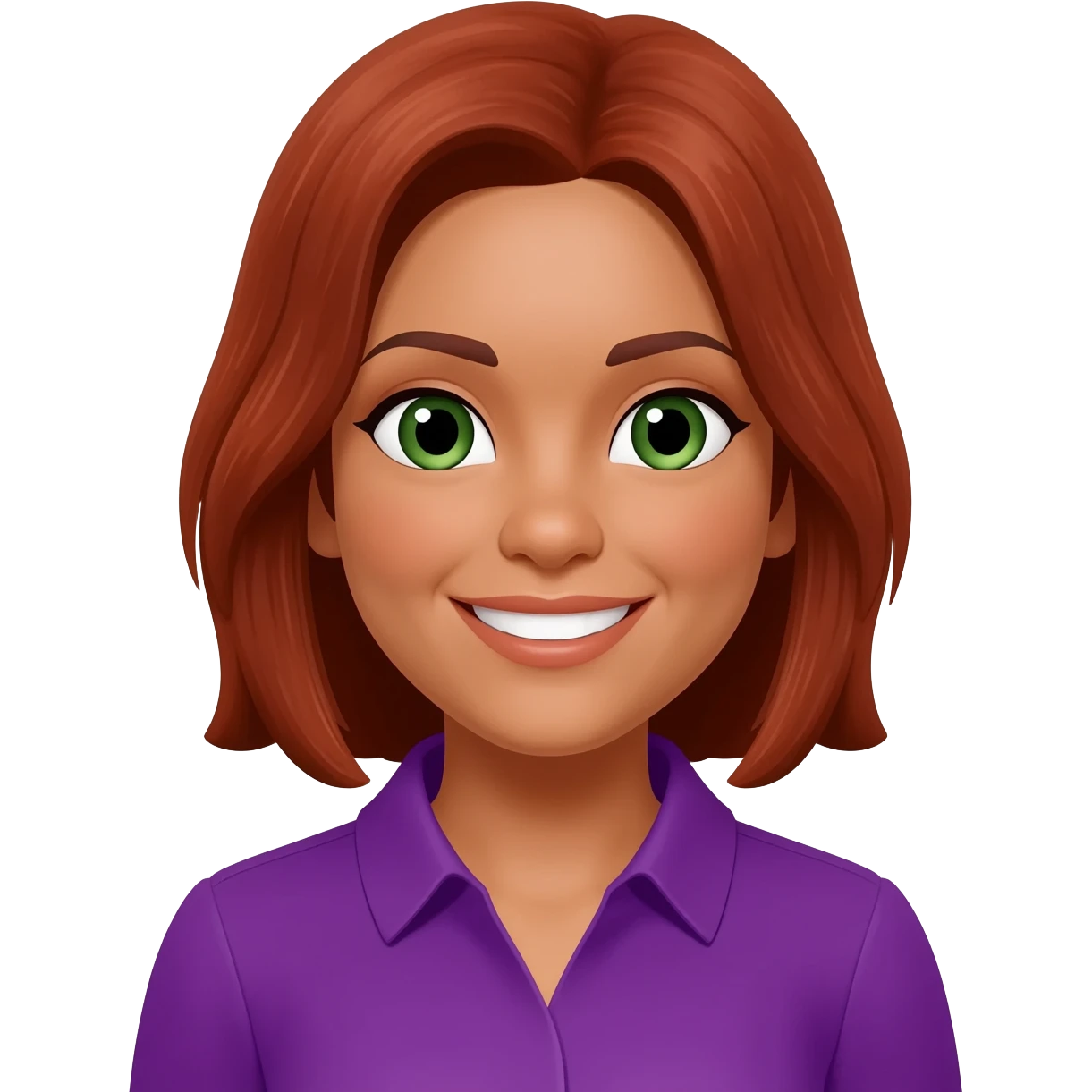 Tan Woman with gray, medium red brown hair and green eyes and purple shirt smiling emoji