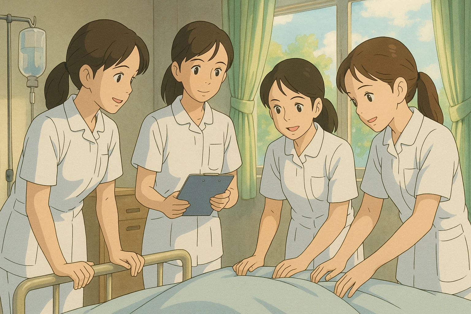 Indoor Ghibli scene: four nursing students inspired by photos, interacting around a fictional patient (not visible). White short-sleeve uniforms, V-neck, left chest pocket, bare forearms, long hair tied, soft and collaborative atmosphere, bright details. emoji