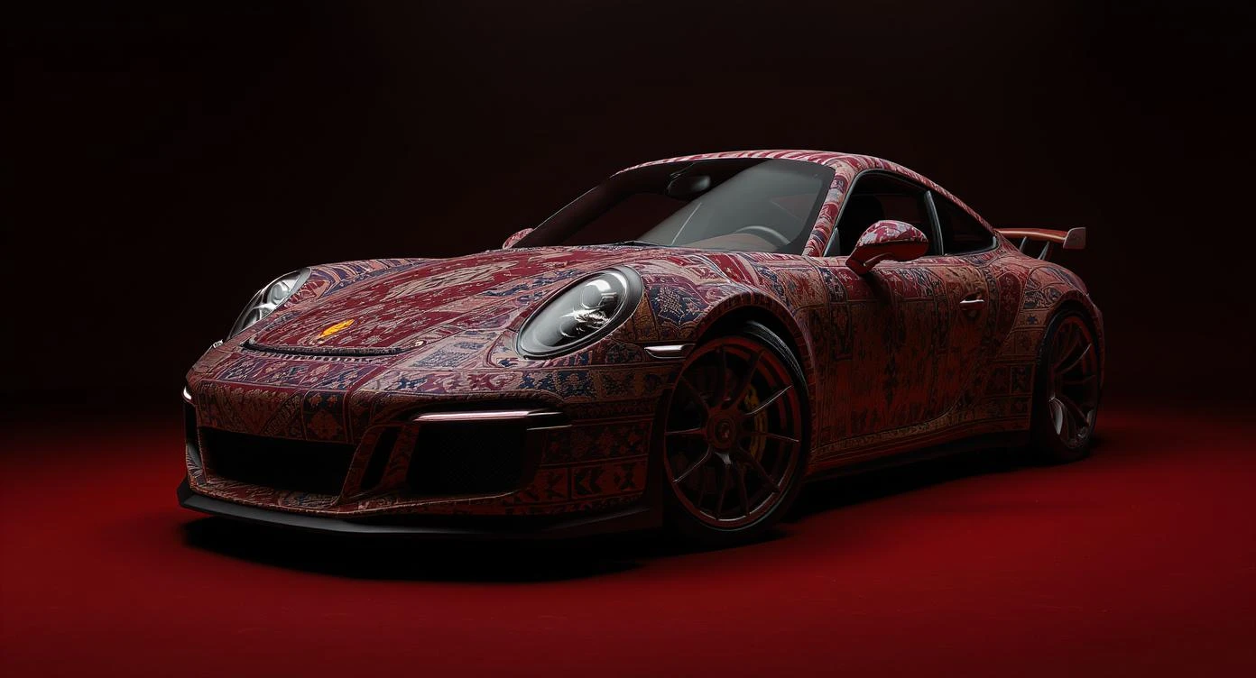 Closeup shot of a porsche 911, body of car made of russian carpet with patterns, red solid studio background, very dark room, top low key light, dutch angle, haze, captured by ARRI 65 emoji