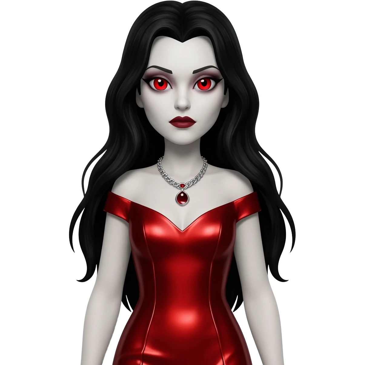 Countess Dracula with red eyes, long black hair, red metallic long dress, silver necklace emoji