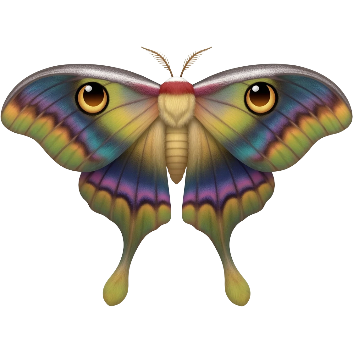 hybrid luna moth with detailed wings, long tendril like lower wings, and cute eyes emoji