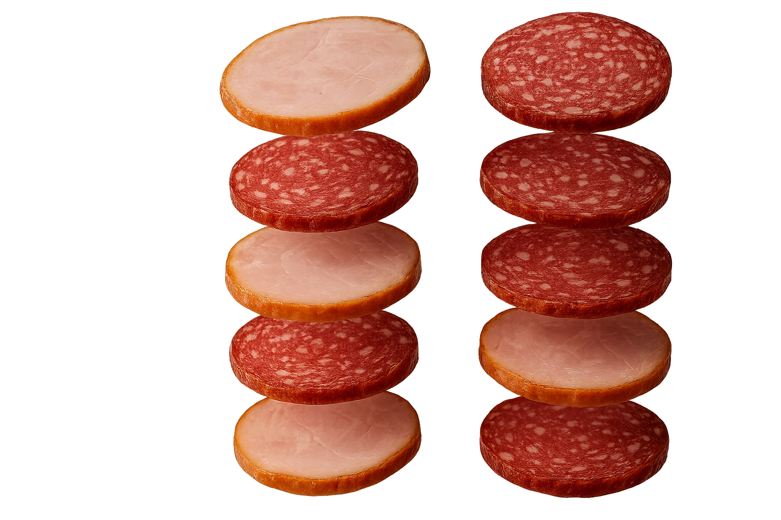 fettine di prosciutto cotto e di salame fluttuano in aria verticalmente, IPERREALISTICA 4K emoji