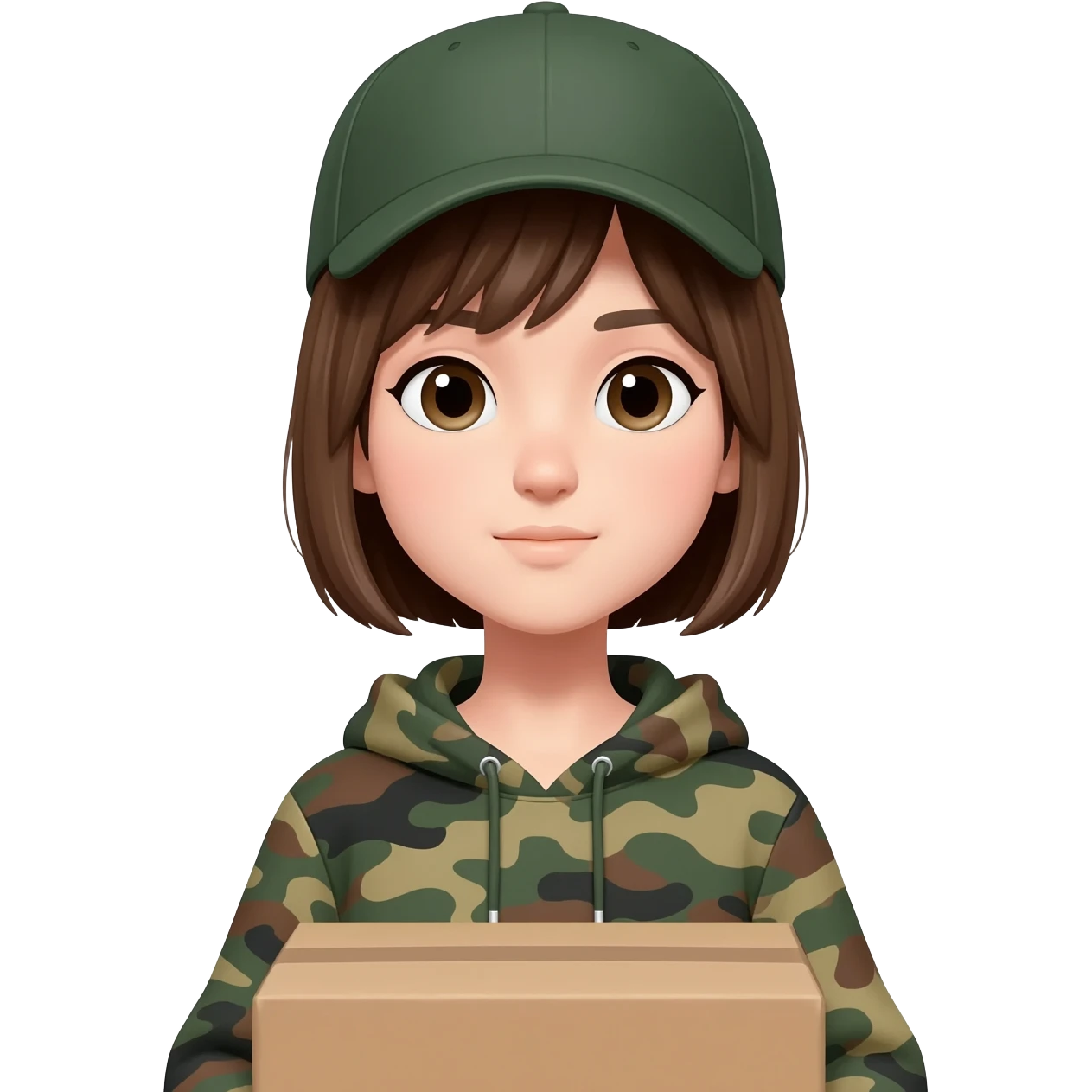A girl with short hair wearing a baseball hat and a camo hoodie carrying a box emoji
