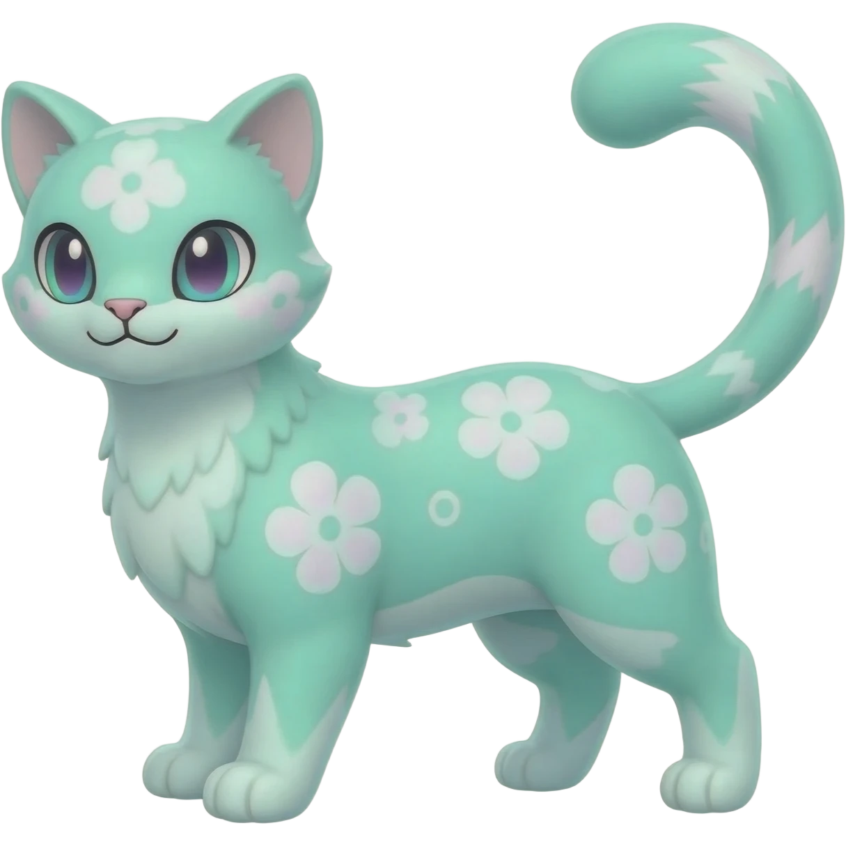 Pastel Mint-Aqua Soft-Iridescent Gentle Floral-Patterned Feline Sylveon-Liepard-hybrid-creature (full body) emoji