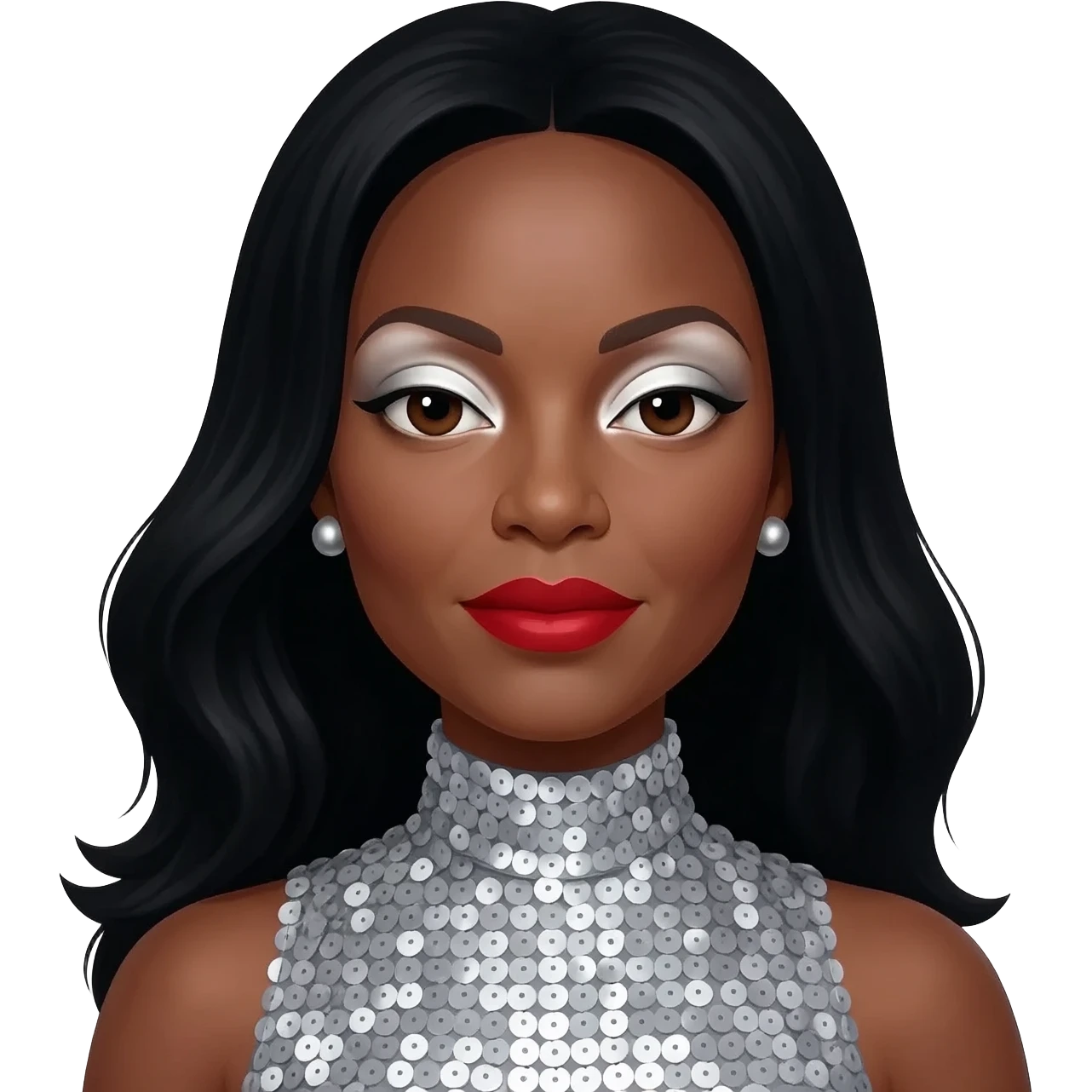 Diana Ross with dark brown eyes, white eyeshadow, red lipstick, long black hair, silver sequin turtleneck dress, silver earrings emoji
