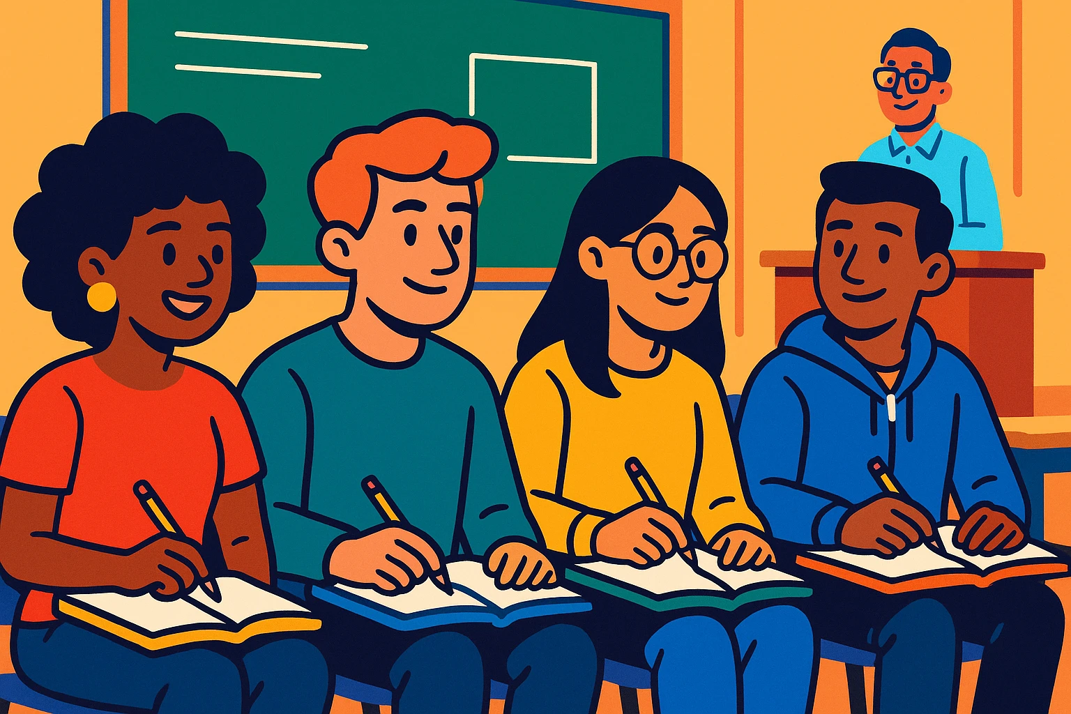 group of four mixed students taking notes during a class, university atmosphere, colorful cartoon style, background with blackboard and teacher's desk emoji